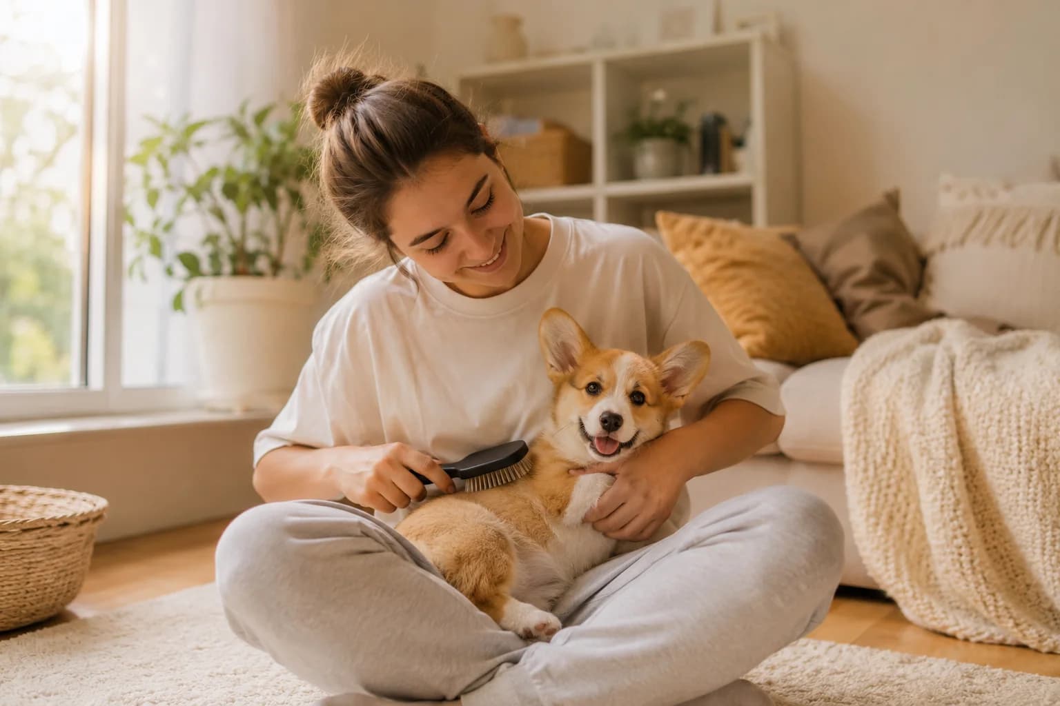 Young woman brushing a corgi puppy on her lap