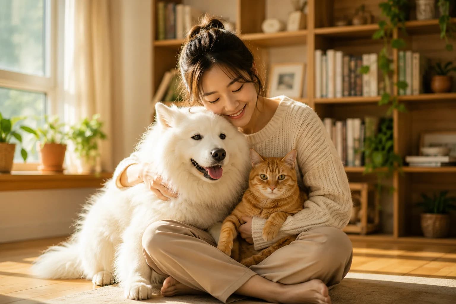 Young woman hugging a Samoyed dog with an orange tabby cat