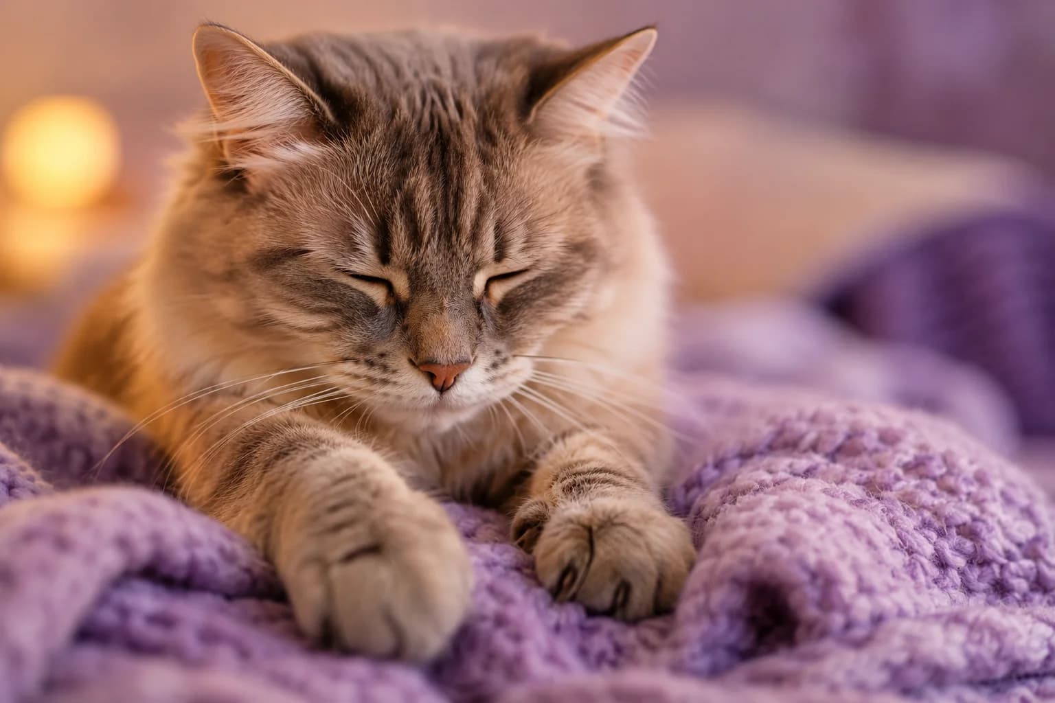 Fluffy cat kneading on lavender blanket