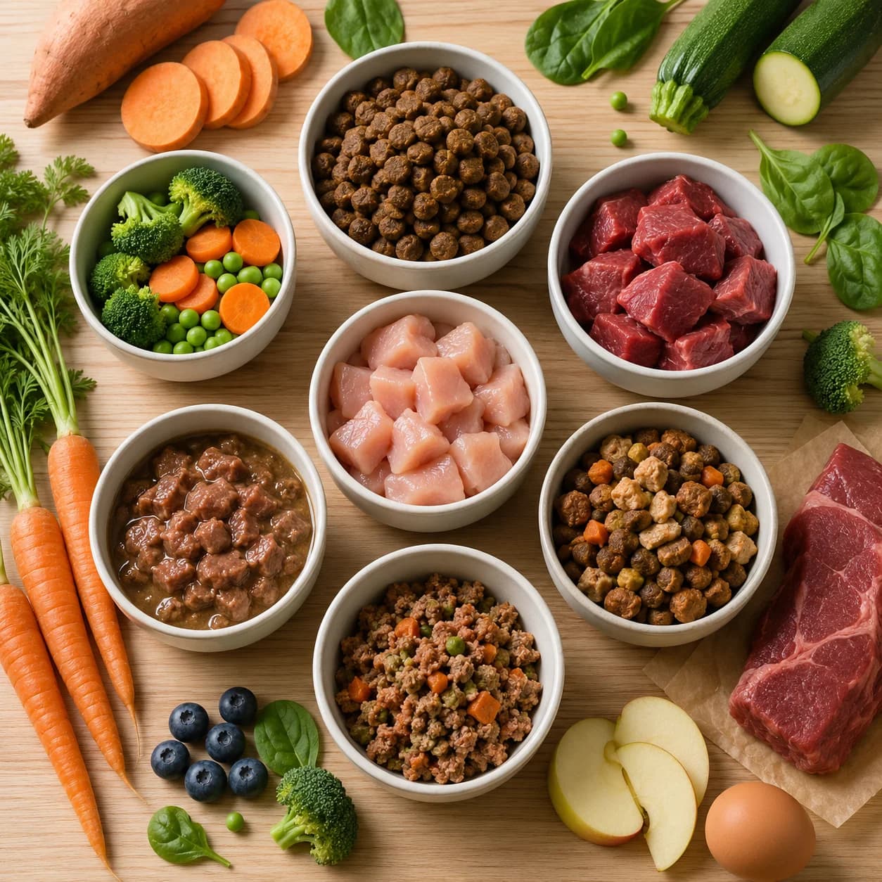 Flat lay of premium pet food in ceramic bowls