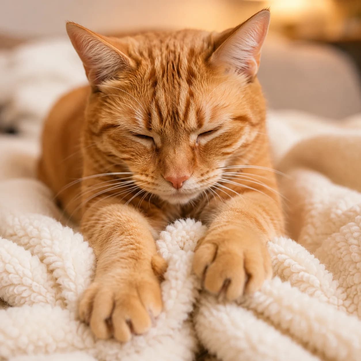 Orange tabby cat kneading a blanket
