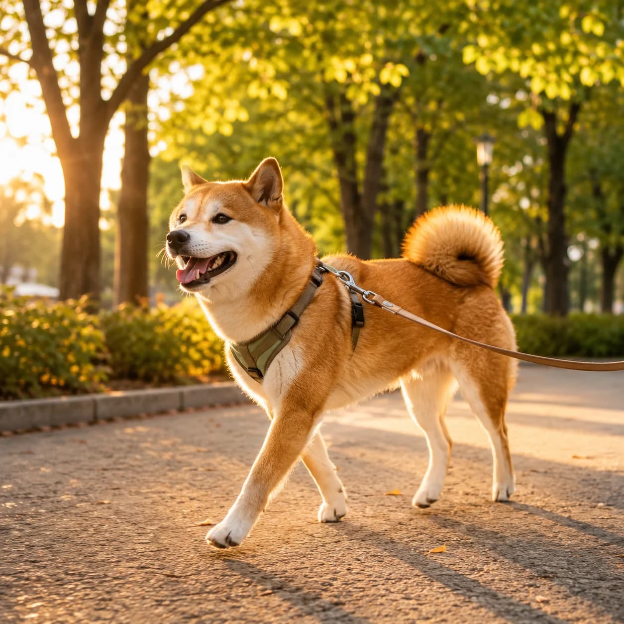Shiba Inu walking in a park during golden hour