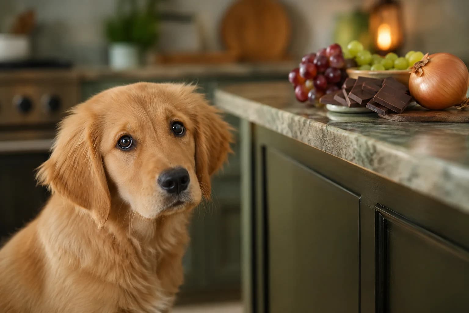 Concerned golden retriever near dangerous foods