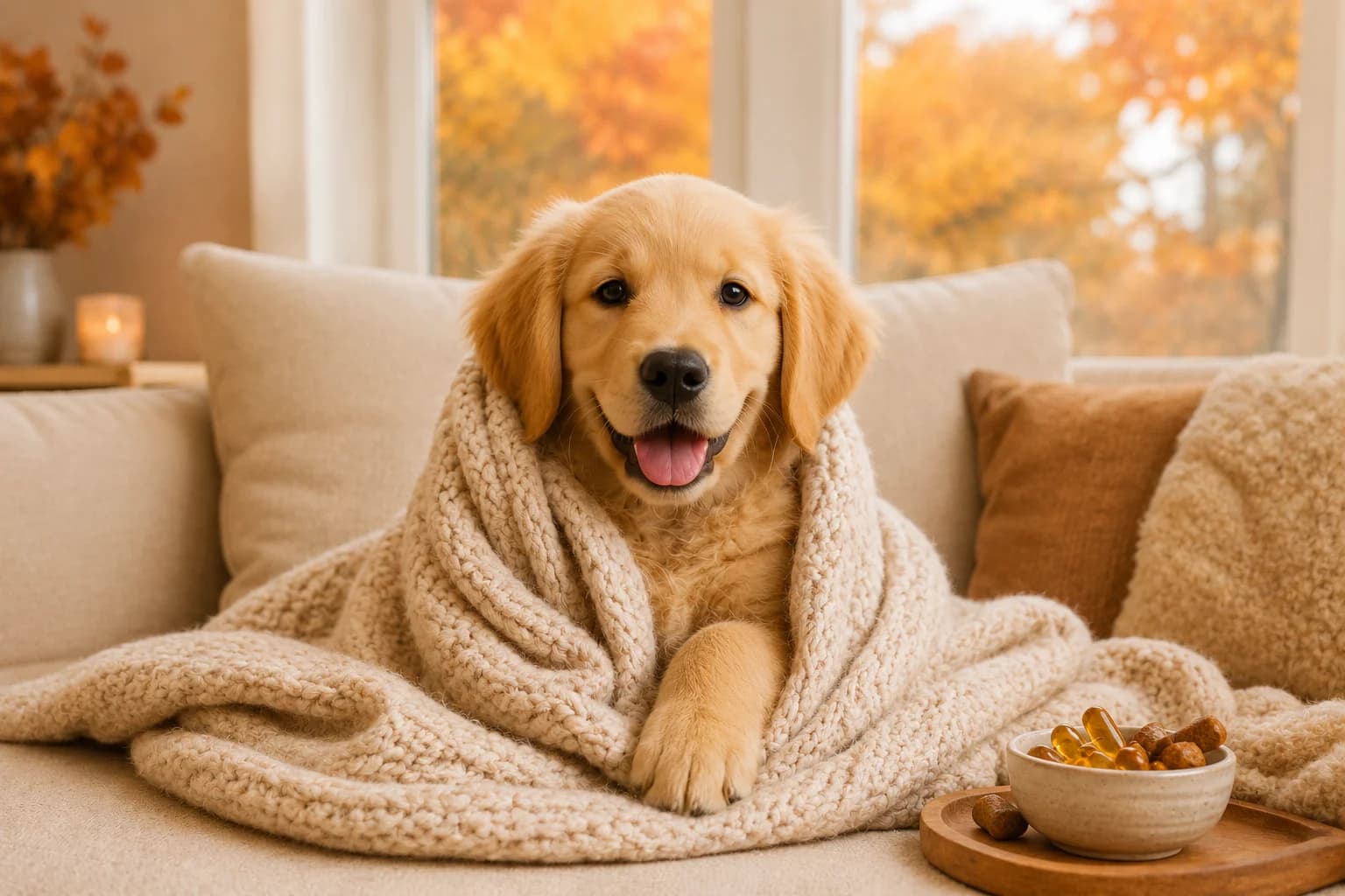 Golden retriever puppy wrapped in blanket on sofa
