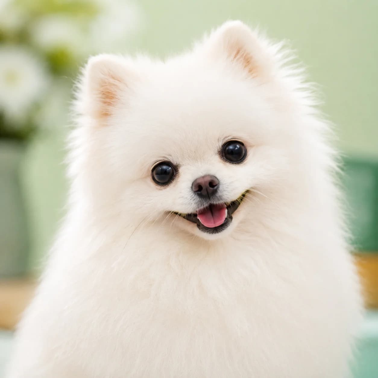 Fluffy white Pomeranian smiling