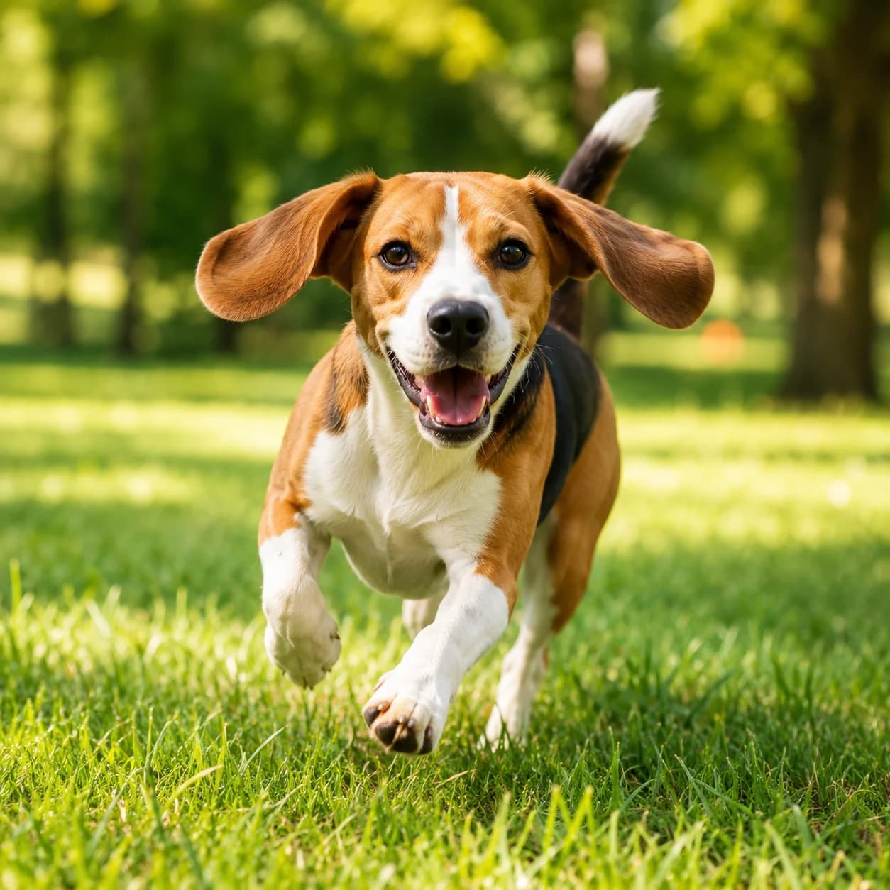 Happy beagle running in park