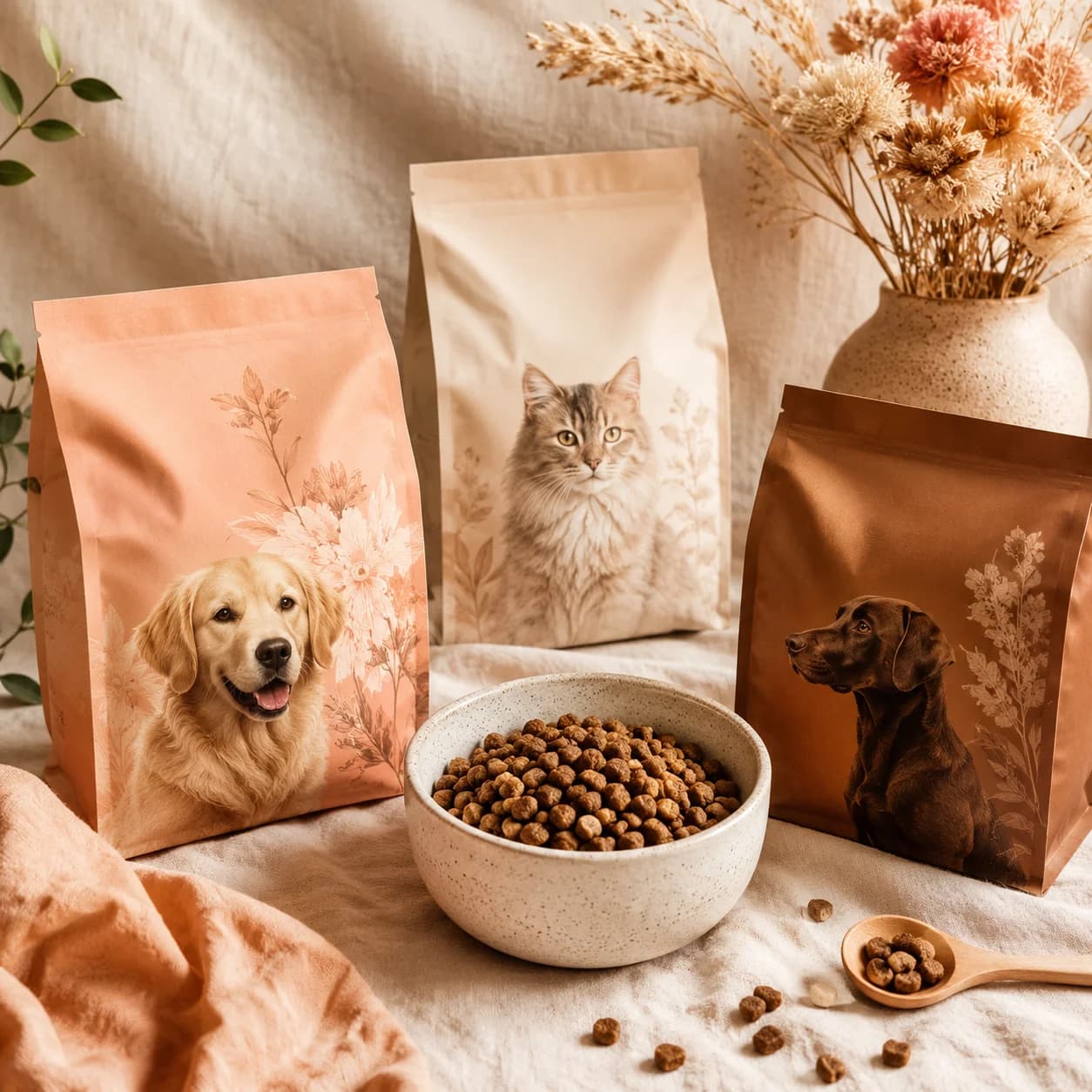 Premium pet food products flat lay